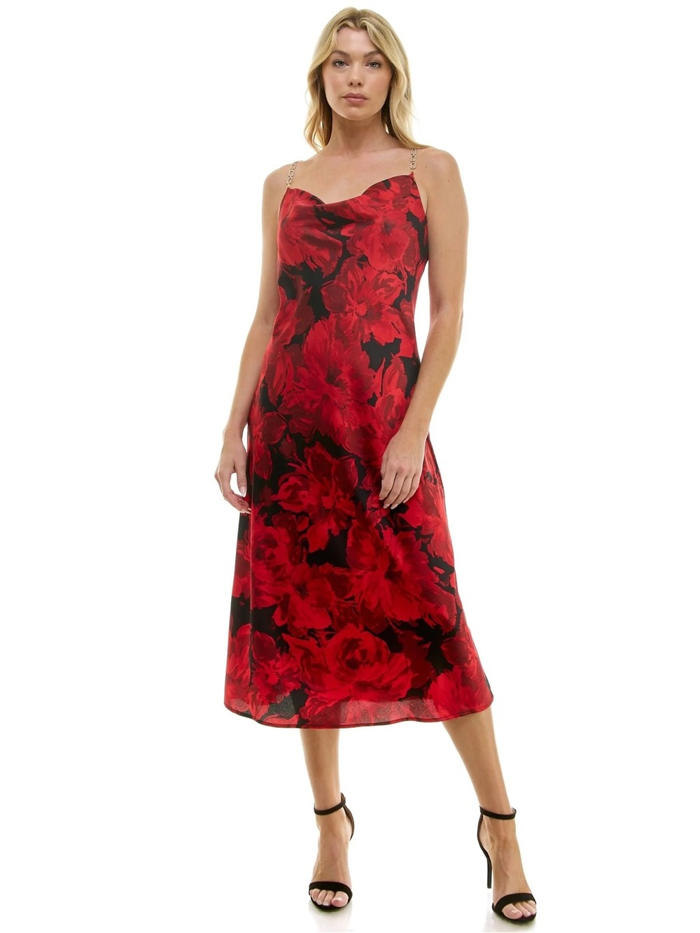 NEW Sara Michelle Small Red & Black Floral Print Romantic Cowl Neck Midi Dress